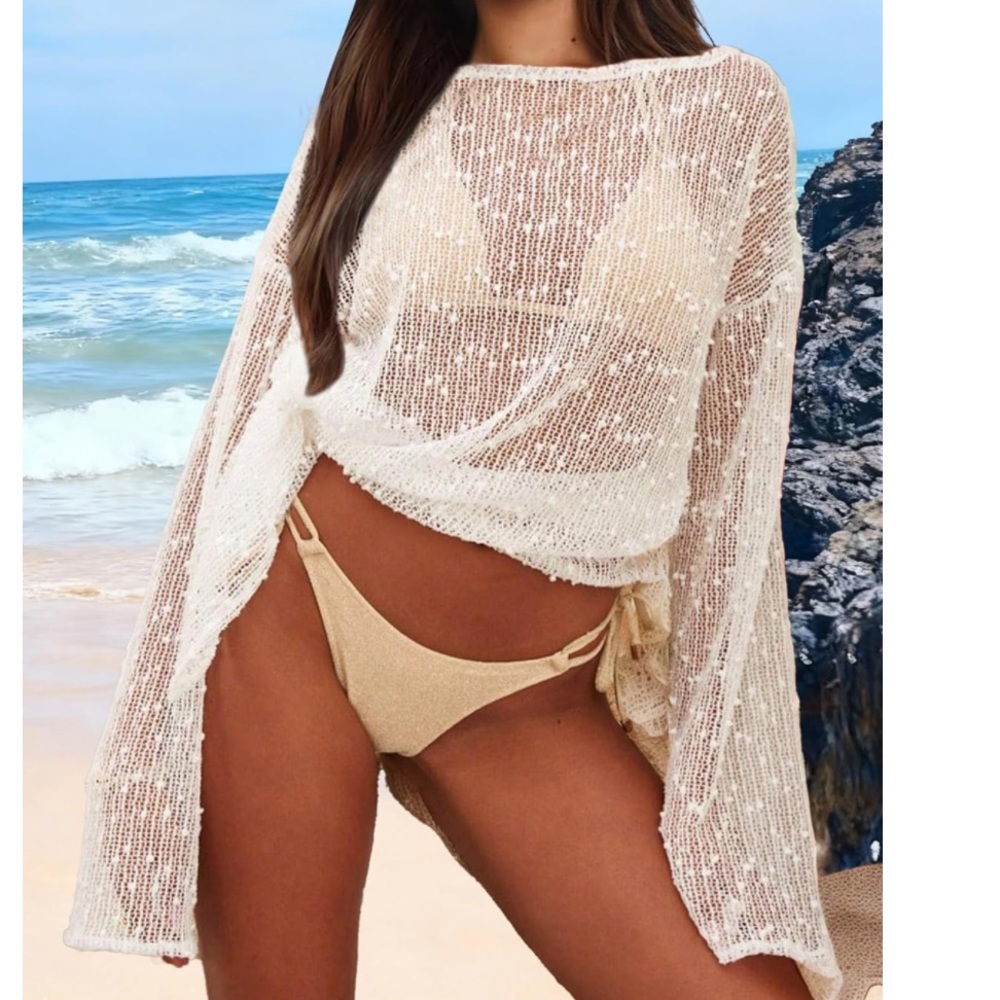 🎉New sheer sparkly crochet swimsuit coverup — boat neck, sexy beach caftan - Picture 6 of 11